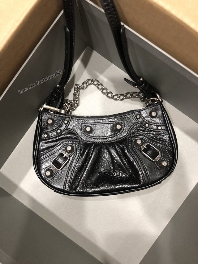 Balenciaga專櫃爆款機車包系列迷你爆裂紋黑色銀扣肩背女包 巴黎世家Le Cagole半月牙腋下包餃子包 fyj1945